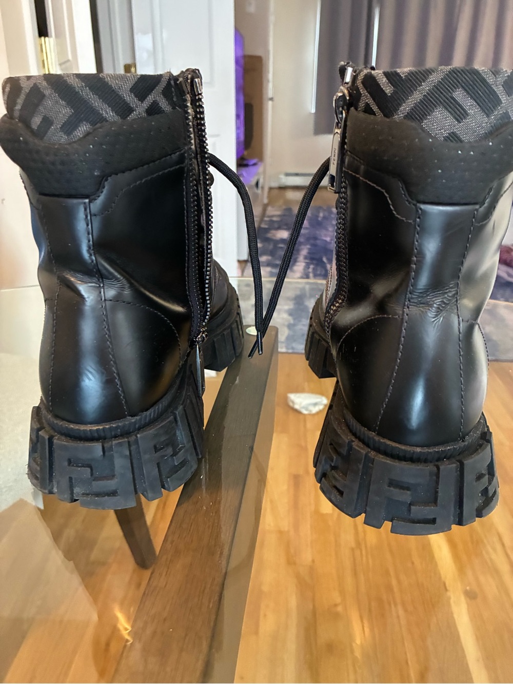 Fendi Black Leather Logo-Trim Combat Boots